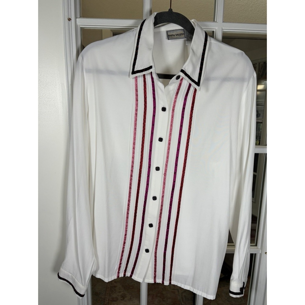 Vintage‎ Napa Valley White Blouse Velvet  Ribbon Trim Pintuck Front Button Up XL